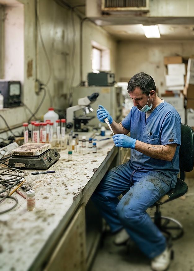 dirty doctor working in filthy lab