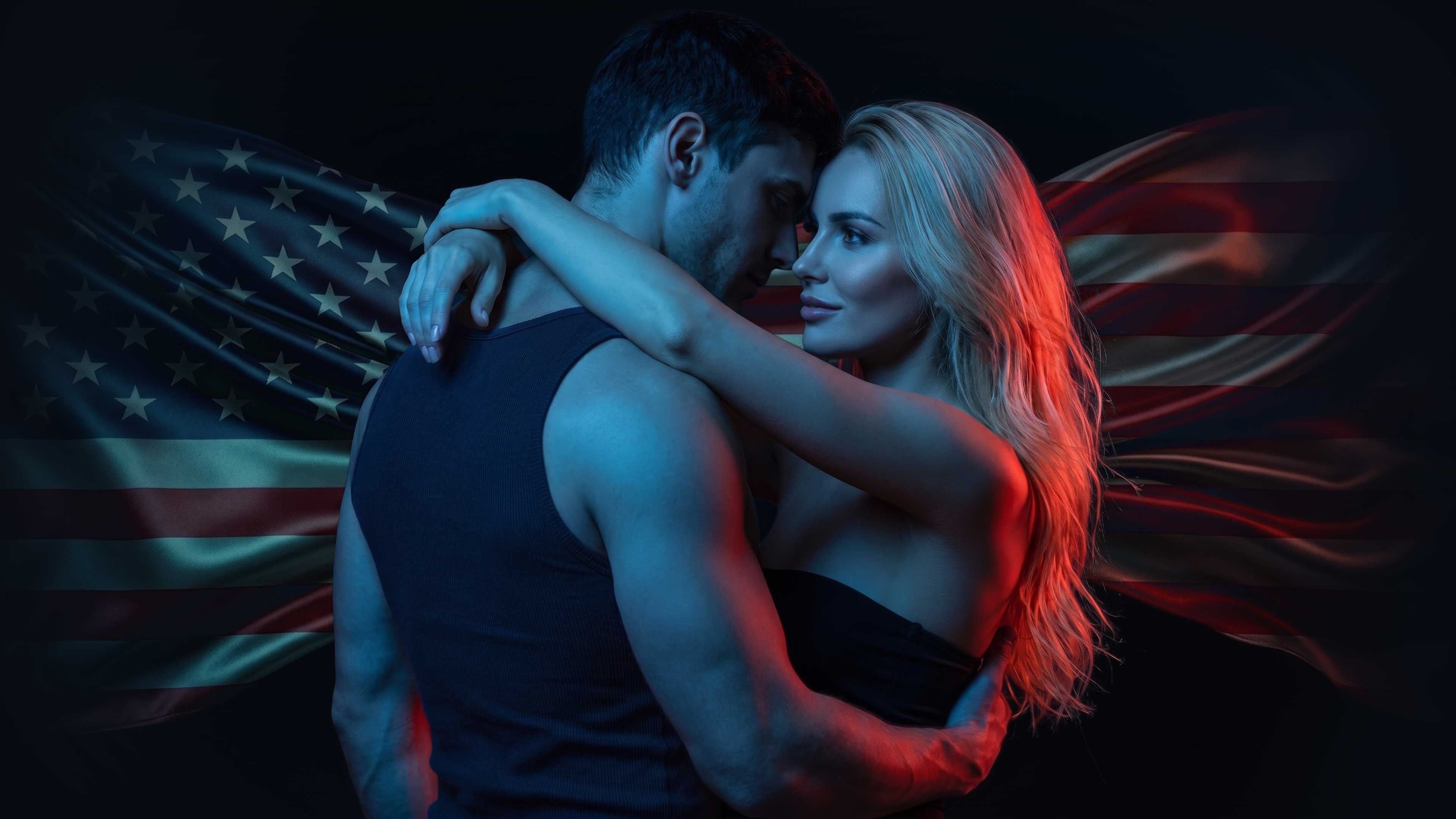 male and femal supermodels in loving embrace