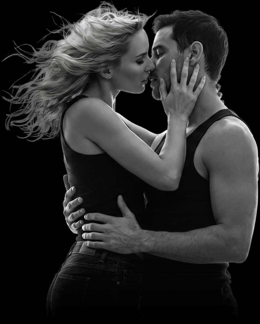 male femal supermodels kissing in black & white