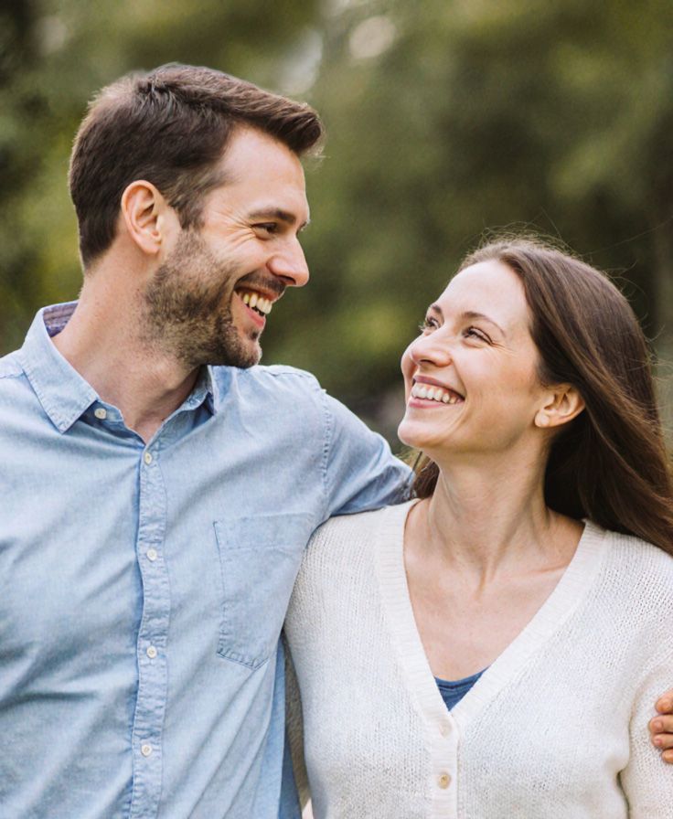 middle-aged couple out waling in nature looking at each other smiling