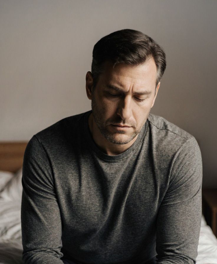 middle-aged guy contemplating sitting at end of bed