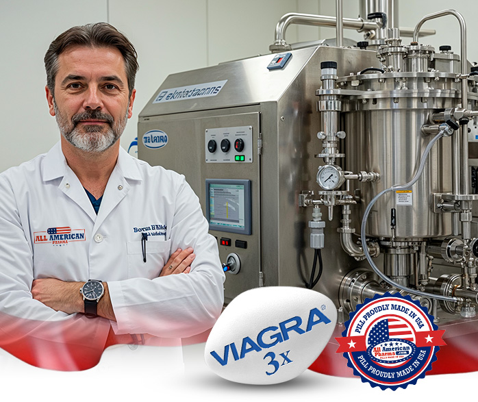 All American Pharma doctor standing beside machine